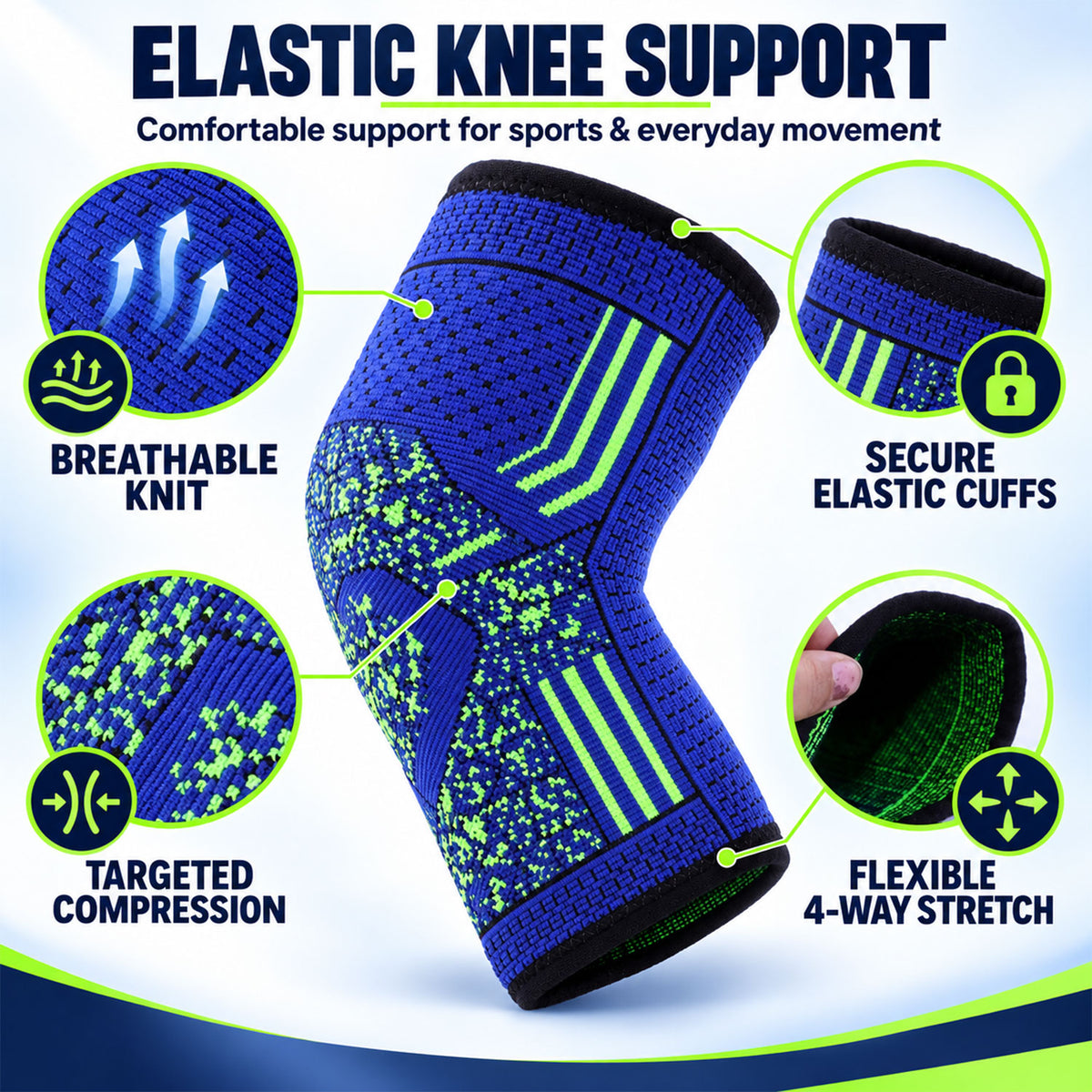 Elastic knit knee sleeve with flexible fabric and cuff details