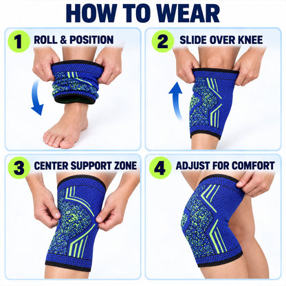 Steps for pulling on and positioning the knee sleeve
