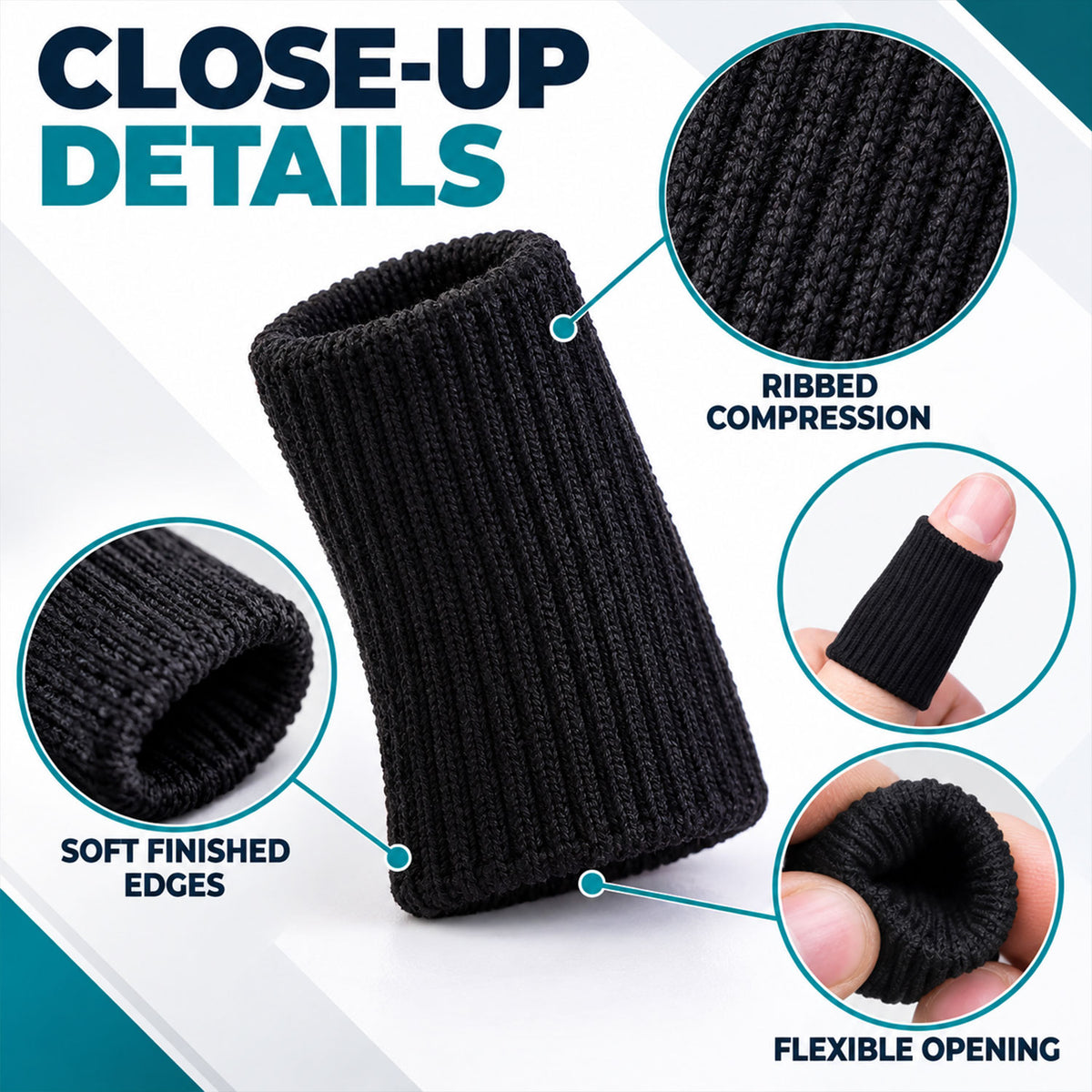 Ribbed finger sleeve with finished edges and flexible opening