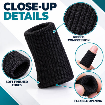 Ribbed finger sleeve with finished edges and flexible opening