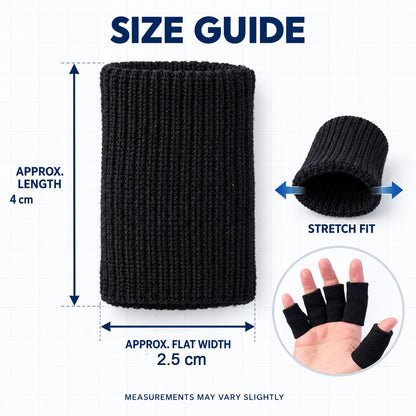 Finger sleeve size guide showing approximate length 4 cm and flat width 2.5 cm