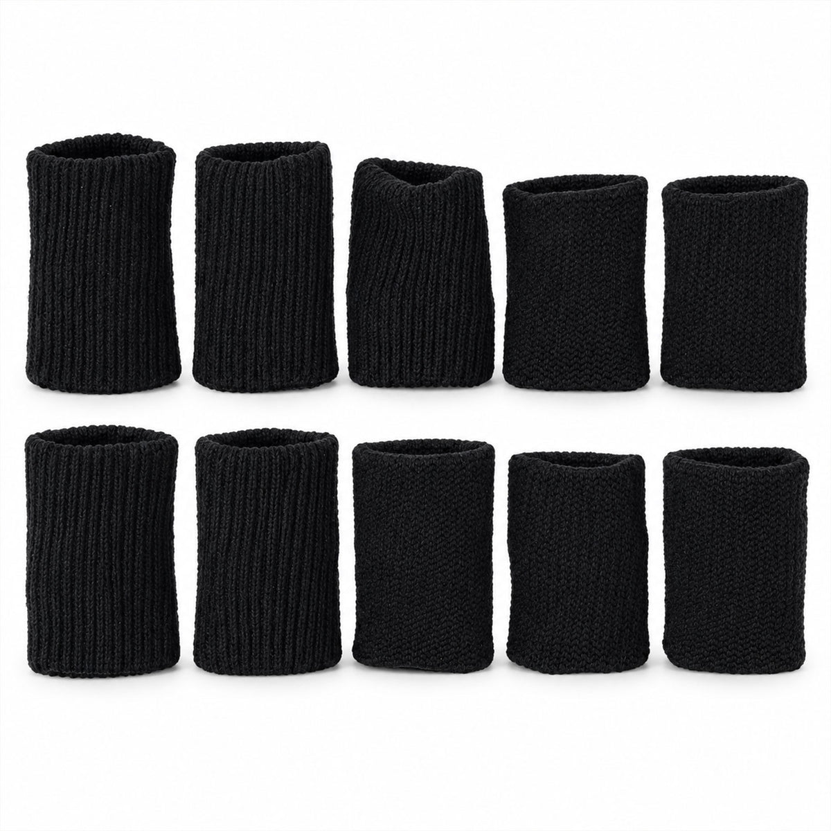Ten ribbed finger sleeves arranged on white background