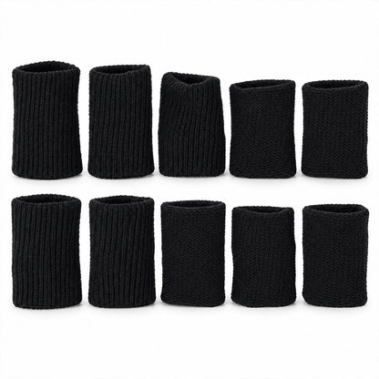 Ten ribbed finger sleeves arranged on white background