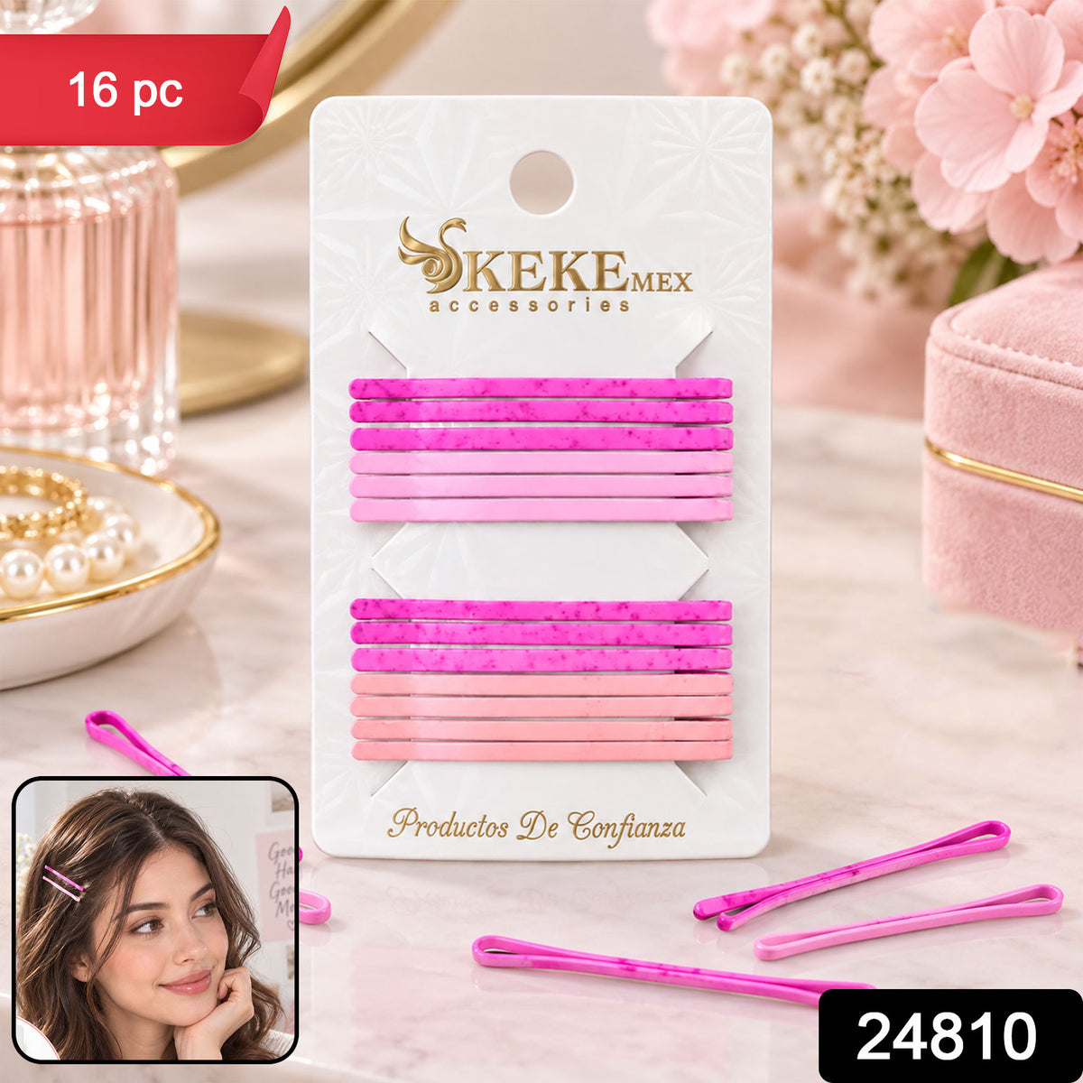 Metal hair pin set with product code 24810 and 16 Pc label