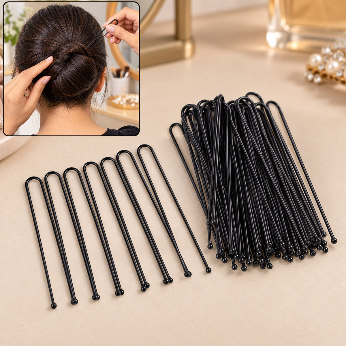 Black U shaped metal hair pins for bun styling - view Hair-Pins-01