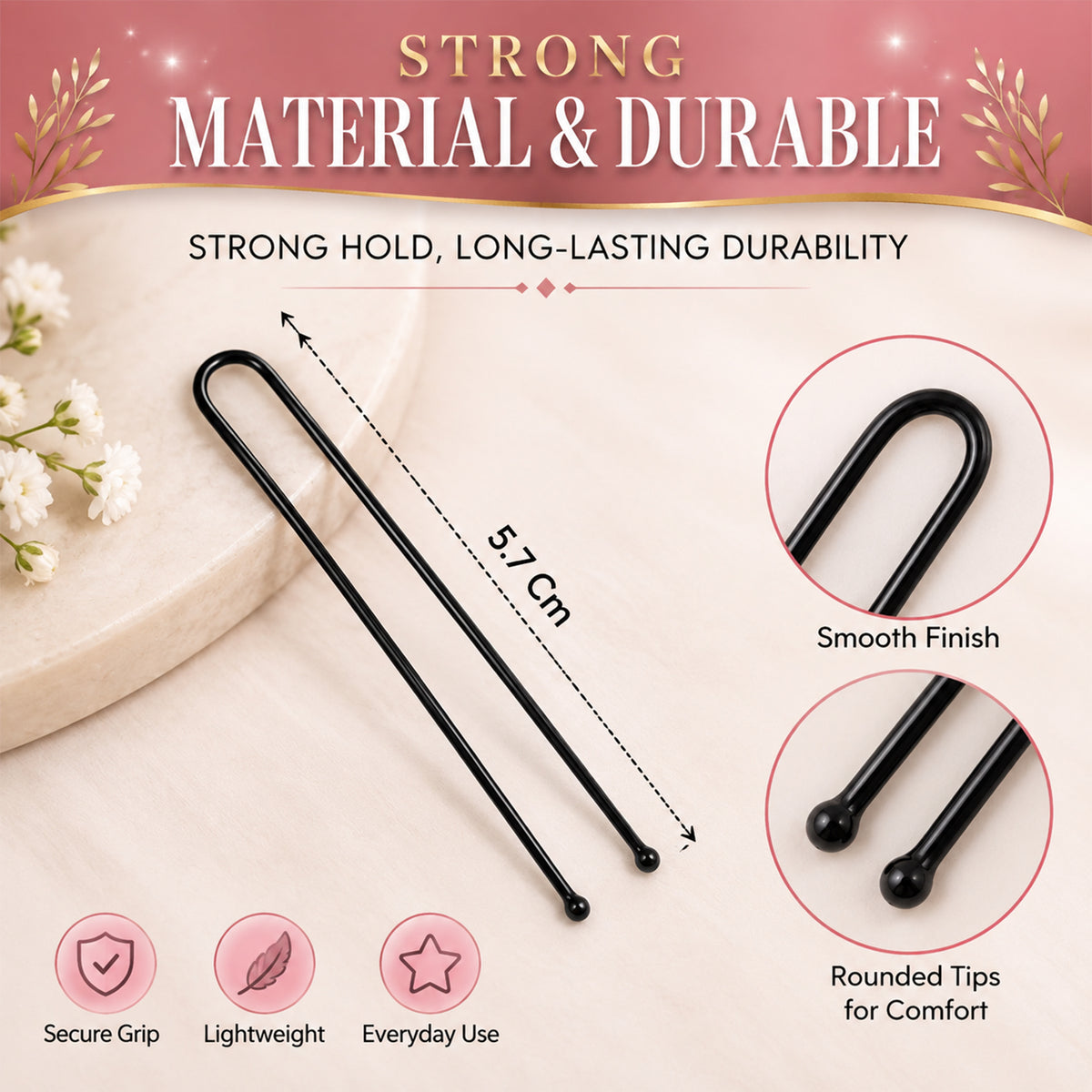 Hair pin size guide showing approximately 5.7 cm pin length