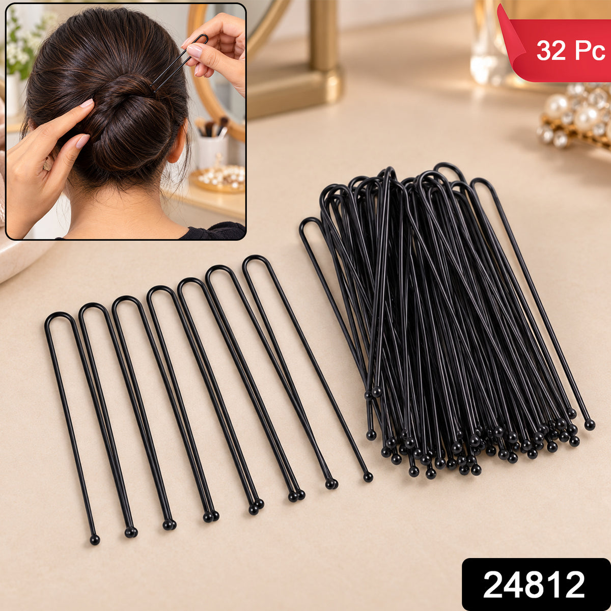 Black metal hair pins with product code 24812 and 32 Pc label