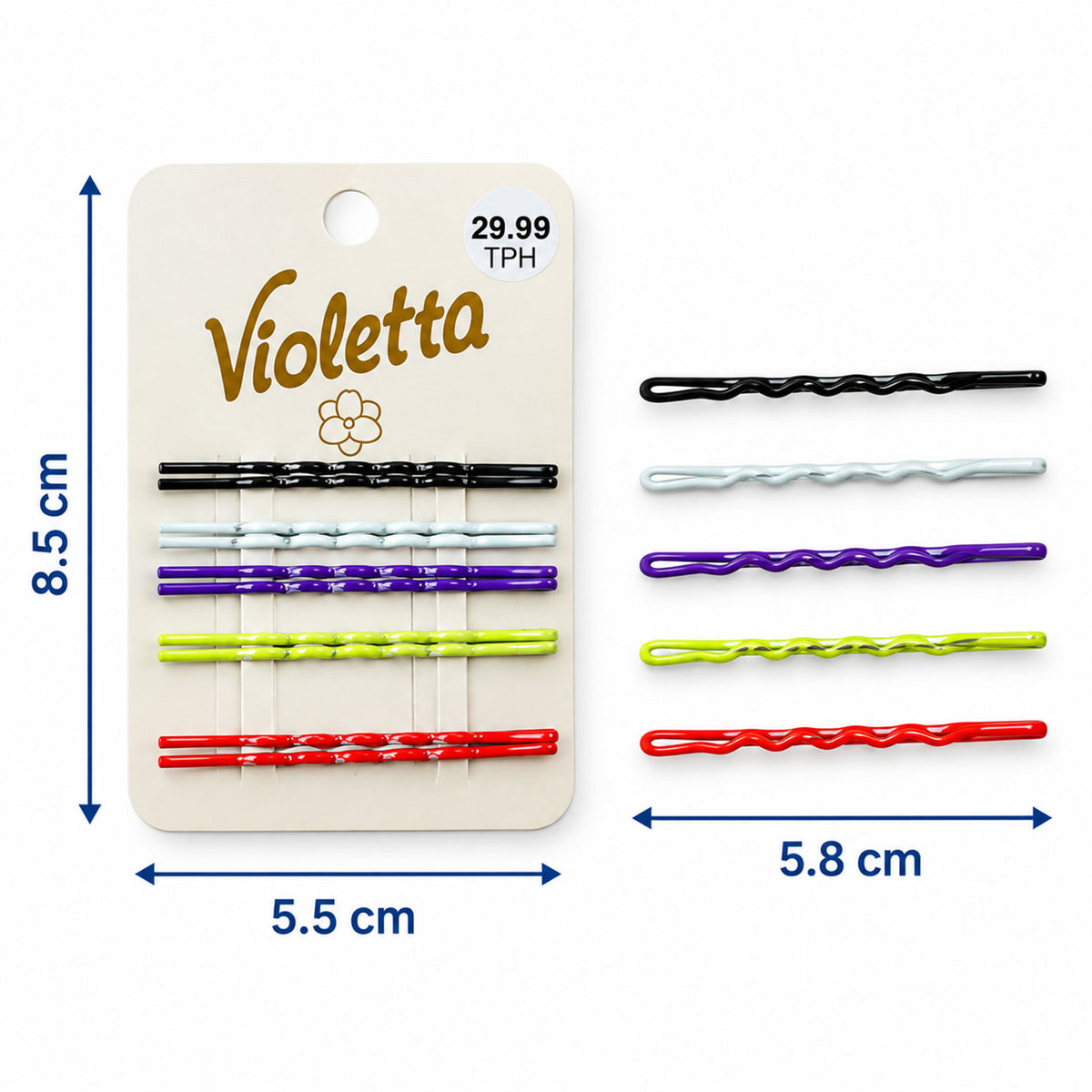 Hair pin size guide showing approximately 5.5 to 5.8 cm length and 8.5 cm card