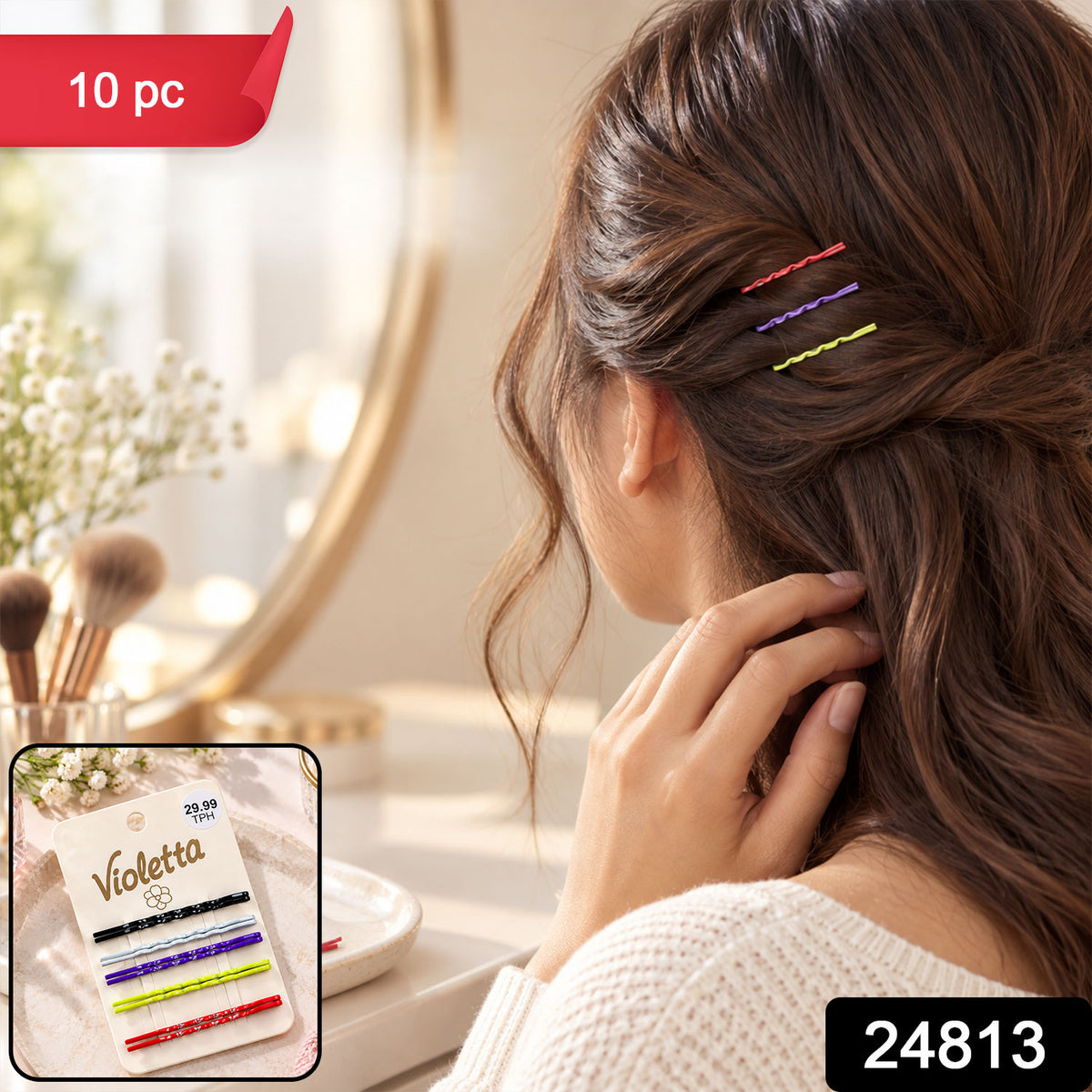 Multicolor metal hair pin set with product code 24813 and 10 Pc label