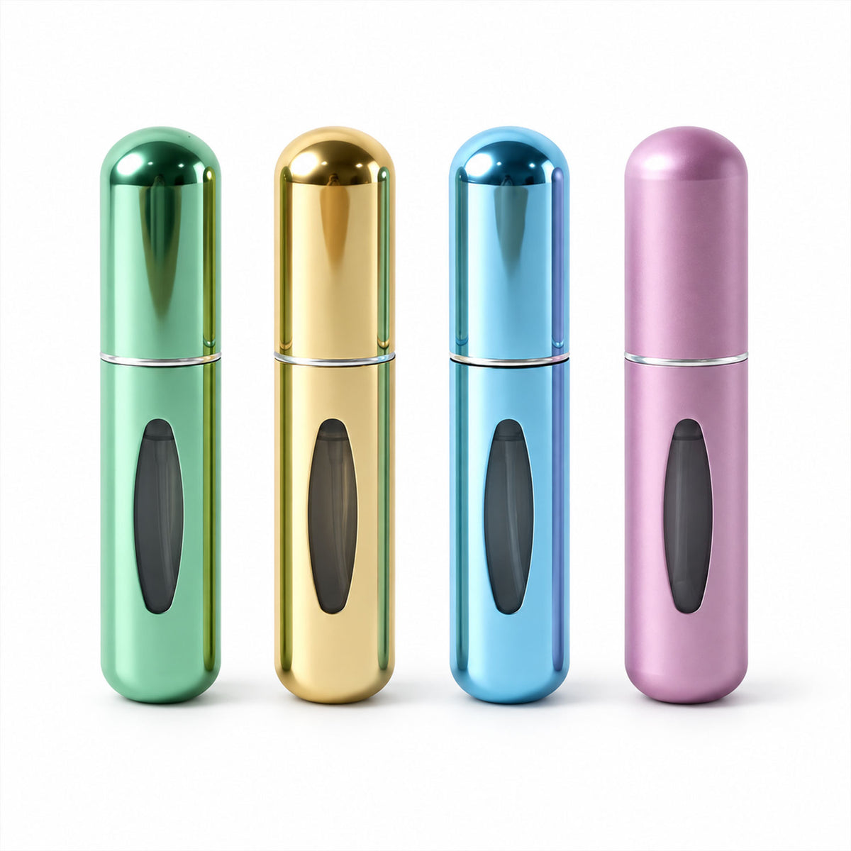 Four mini perfume bottles on white background