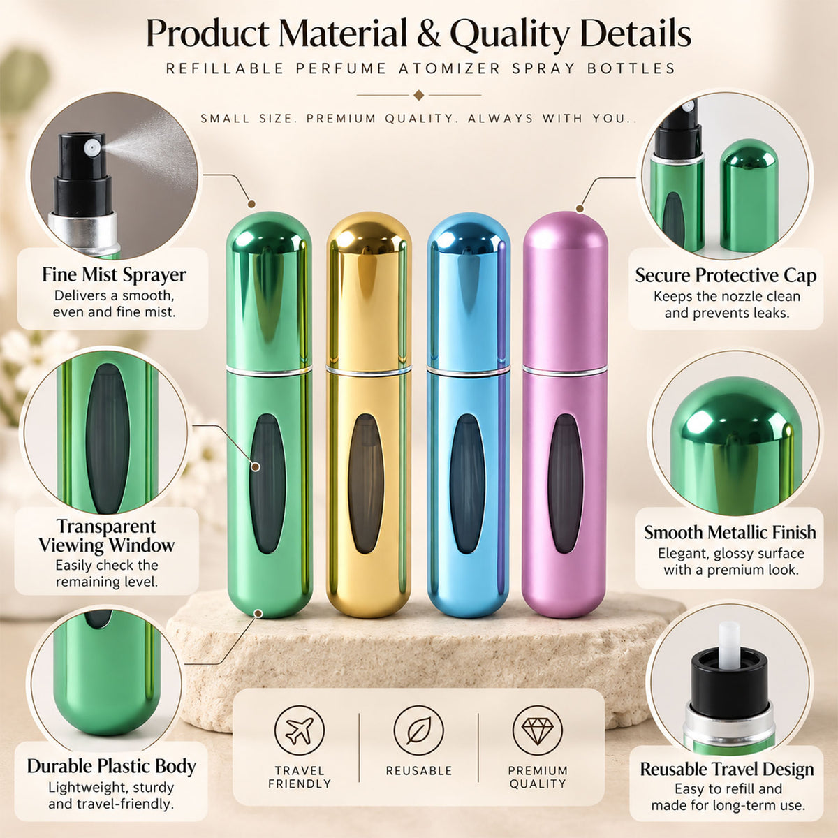Refillable perfume bottle features