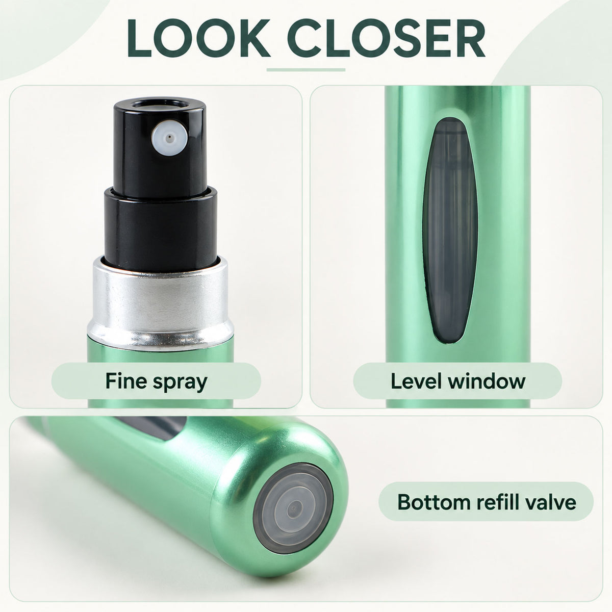 Perfume bottle spray level window and refill valve