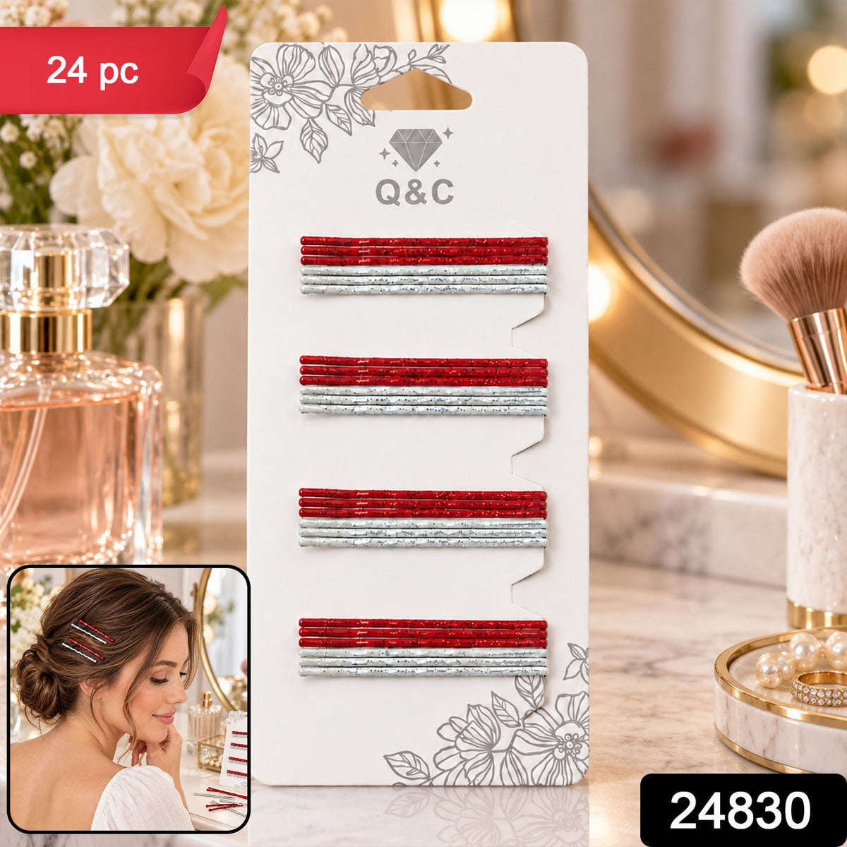 glitter red and silver metal hair pins set