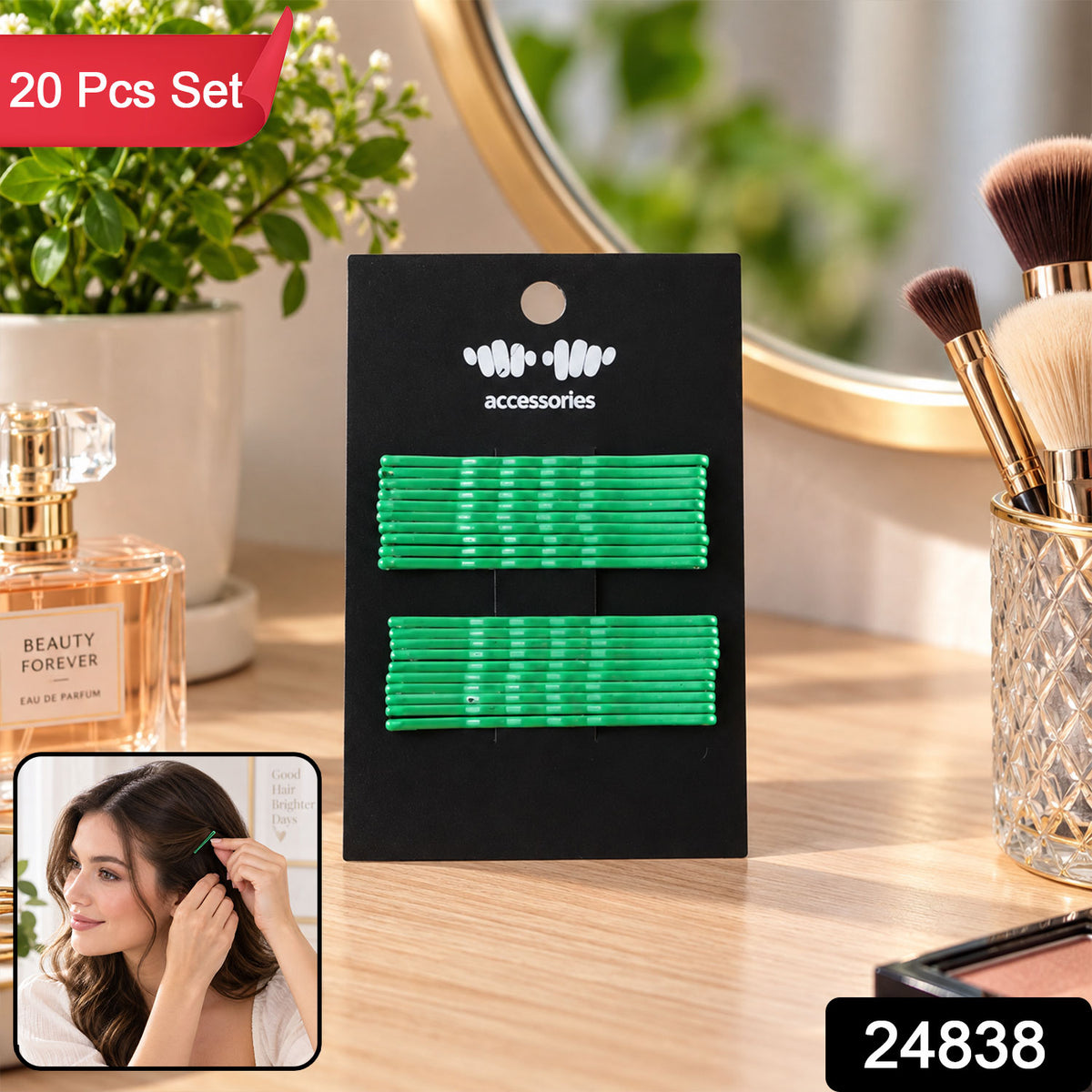 Green Metal Bobby Pins Set for Women and Girls Hair Styling (20 Pc)