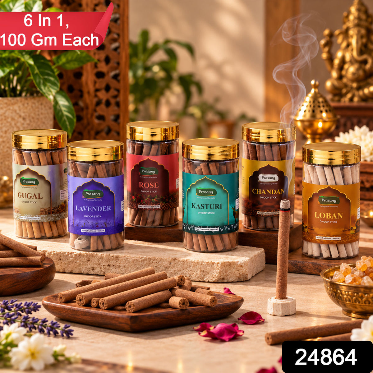 Assorted Fragrance Dhoop Sticks Jar Combo for Daily Puja (6 In 1, 100 Gm Each)