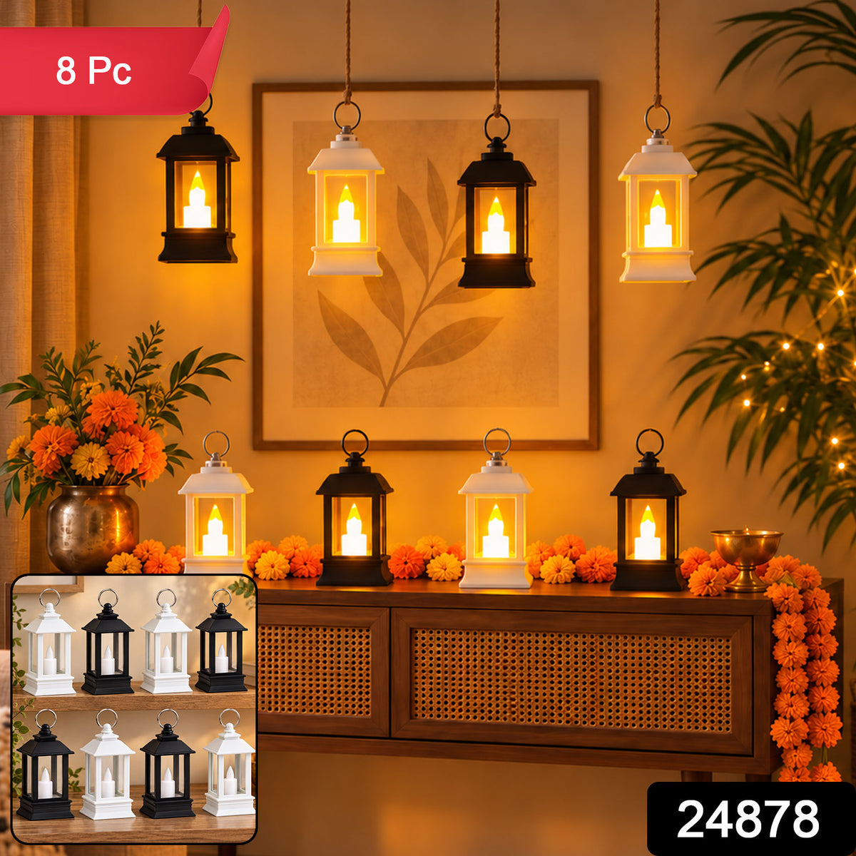 Decorative Flameless LED Mini Lantern Candles for Festive Home Decor (8 Pc Set)
