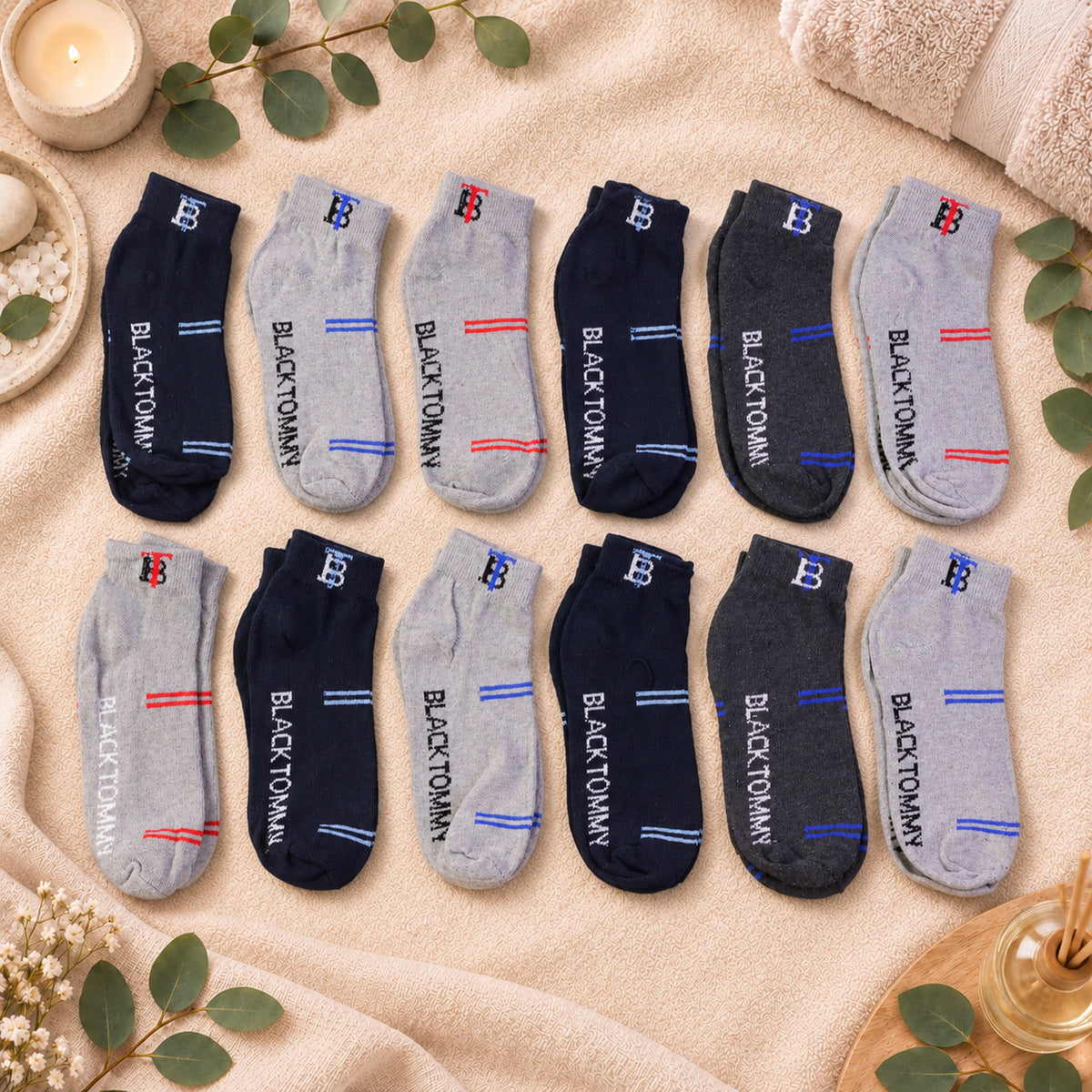 Soft stretchable mixed design ankle socks - set arrangement