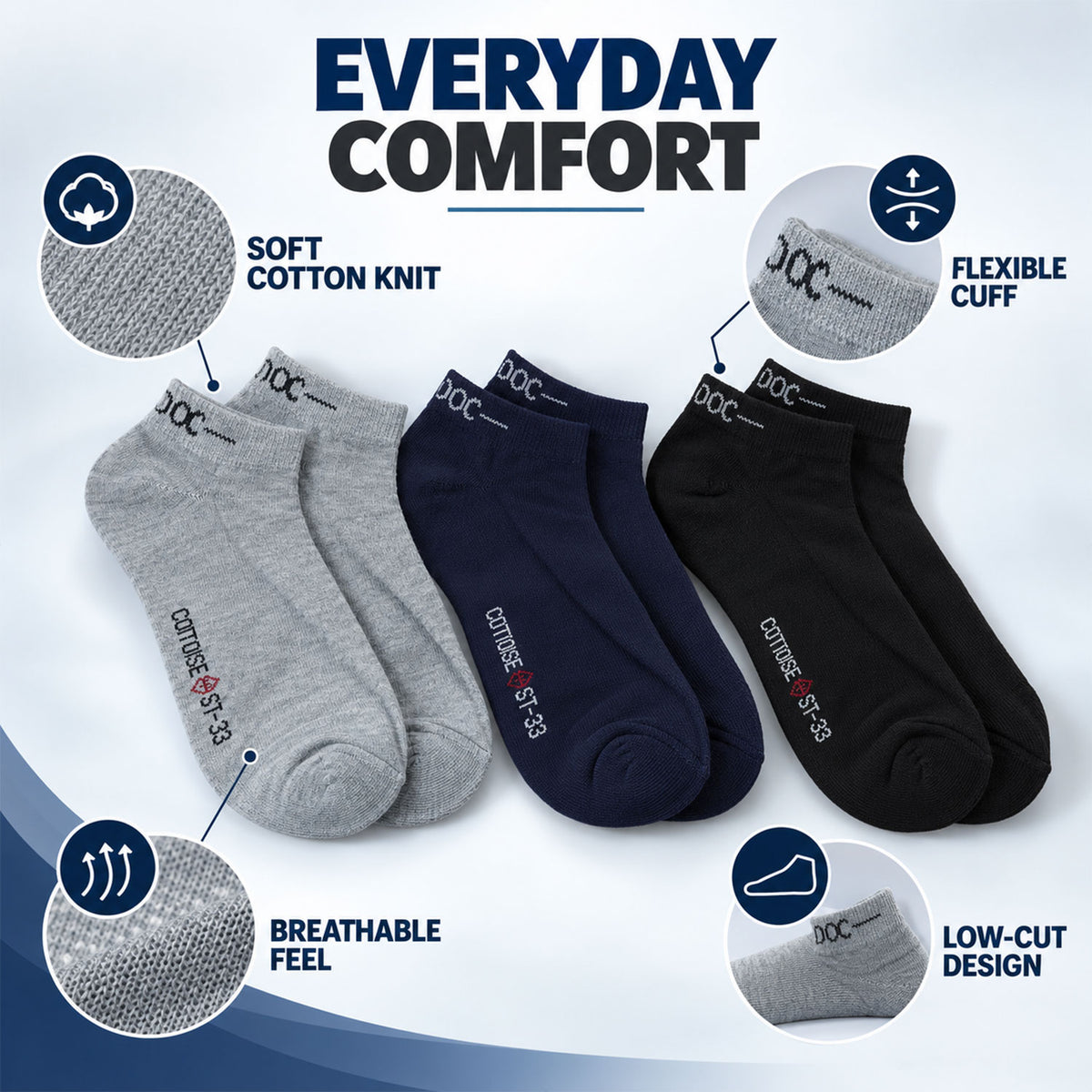 Soft stretchable ankle socks - knit and cuff features