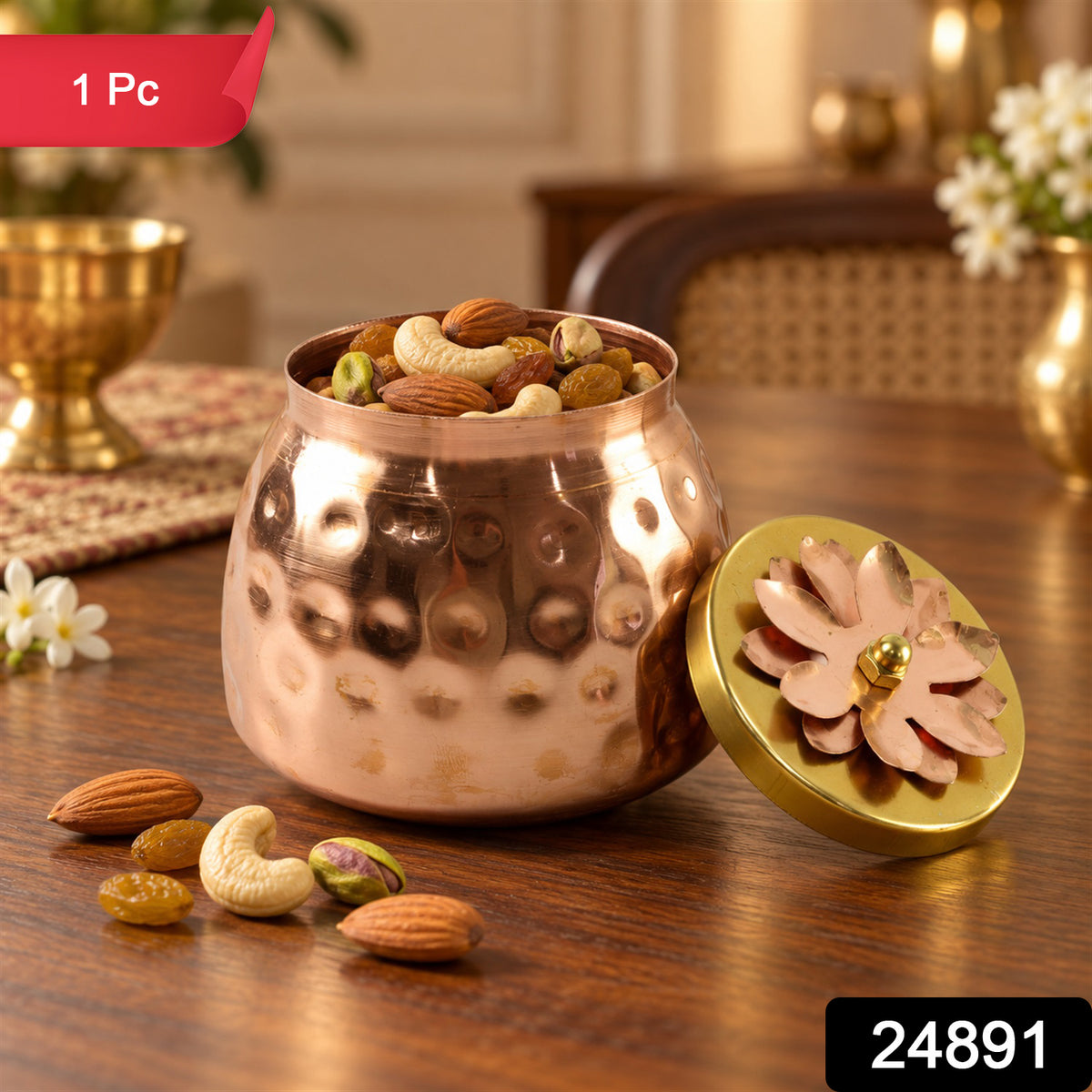 Copper Finish Storage Jar with Flower Lid for Dry Fruits and Home Decor (1 Pc)