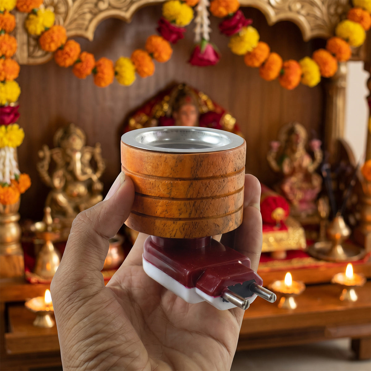 Electric wooden kapoor dani with metal camphor cup, product view 10