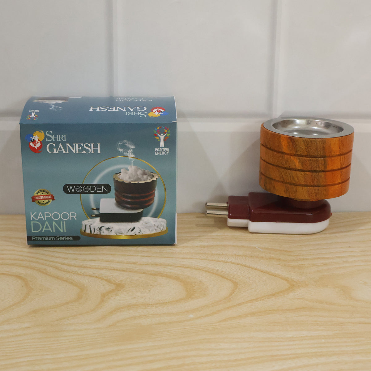 Electric wooden kapoor dani with metal camphor cup, actual product and box photo