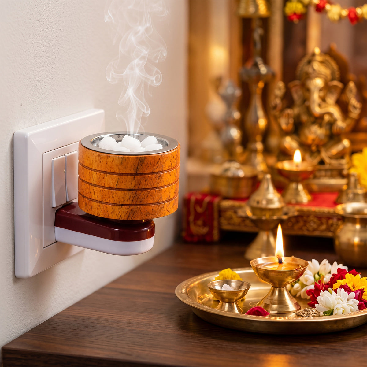 Electric wooden kapoor dani with metal camphor cup, product view 3