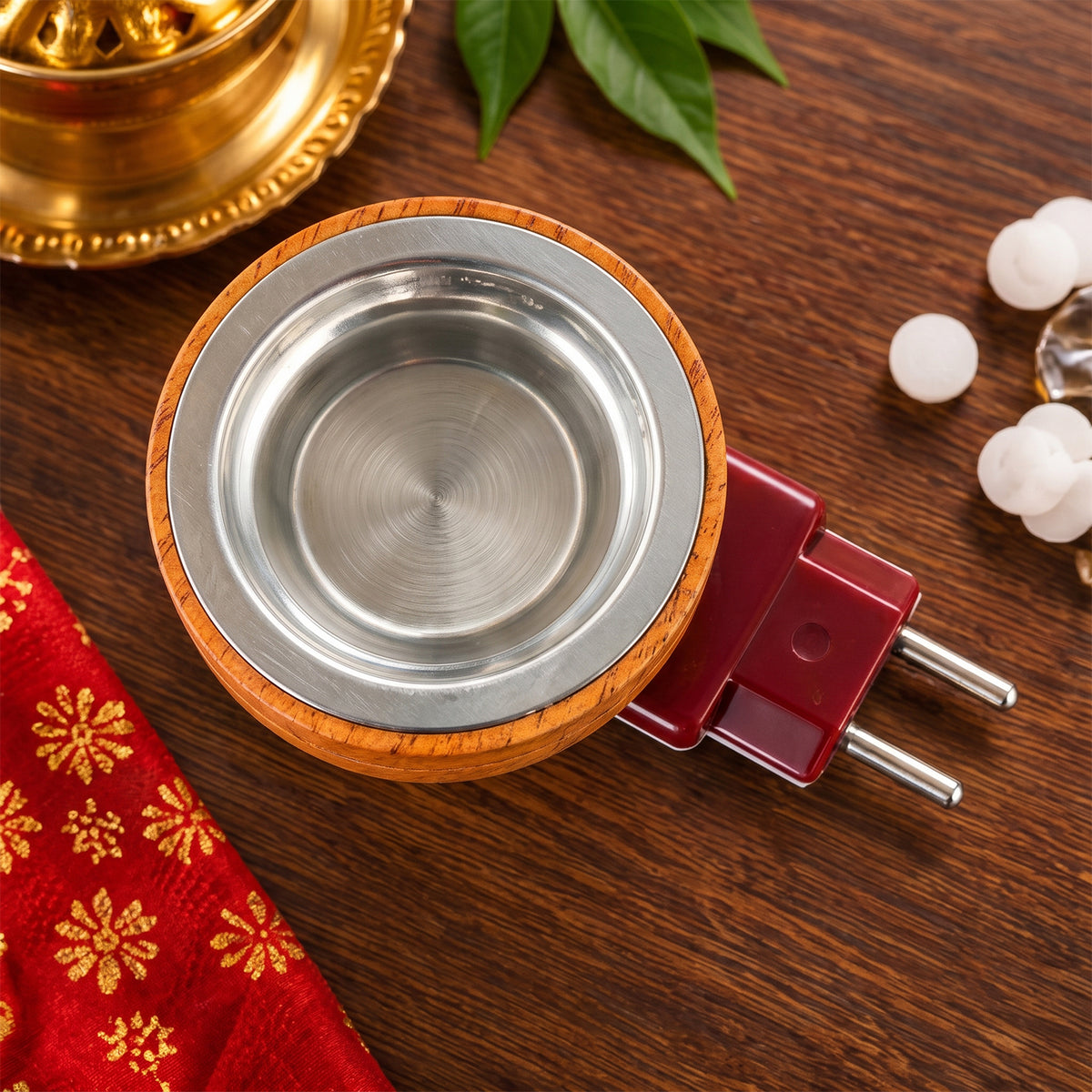 Electric wooden kapoor dani with metal camphor cup, product view 4