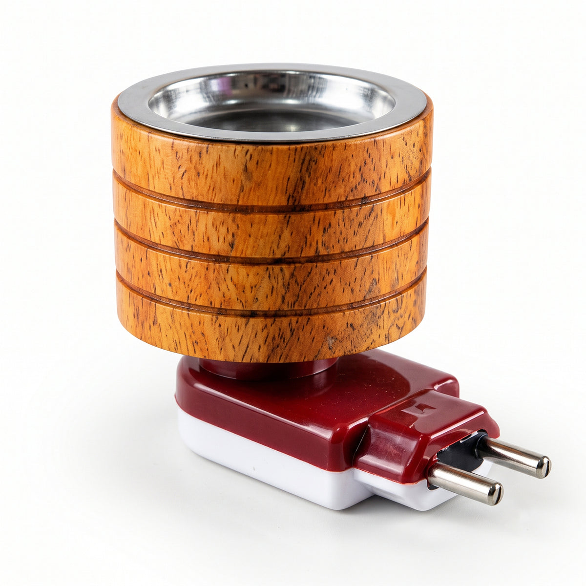 Electric wooden kapoor dani with metal camphor cup, white background view