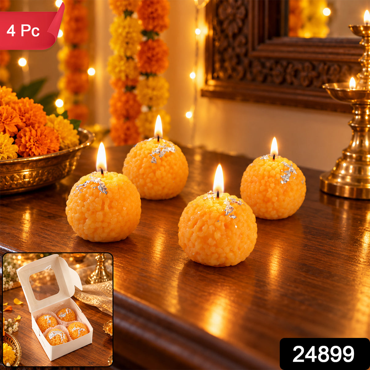 Motichoor laddu design decorative wax candles 4 Pc label