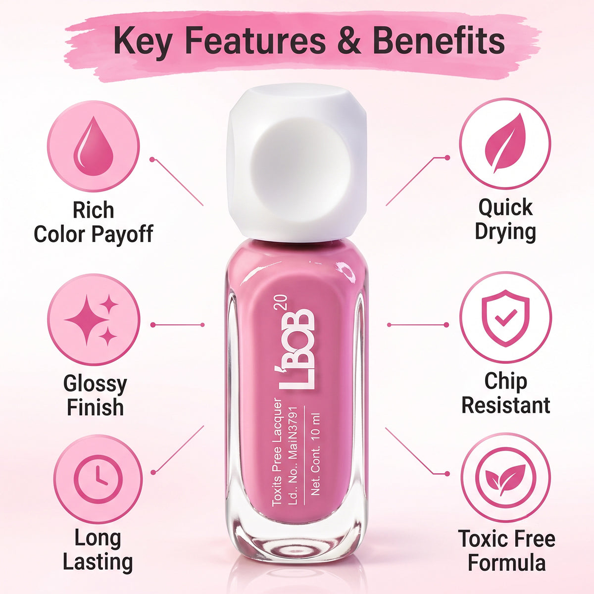 Rose Pink glossy nail polish, 10 ML, product view 10