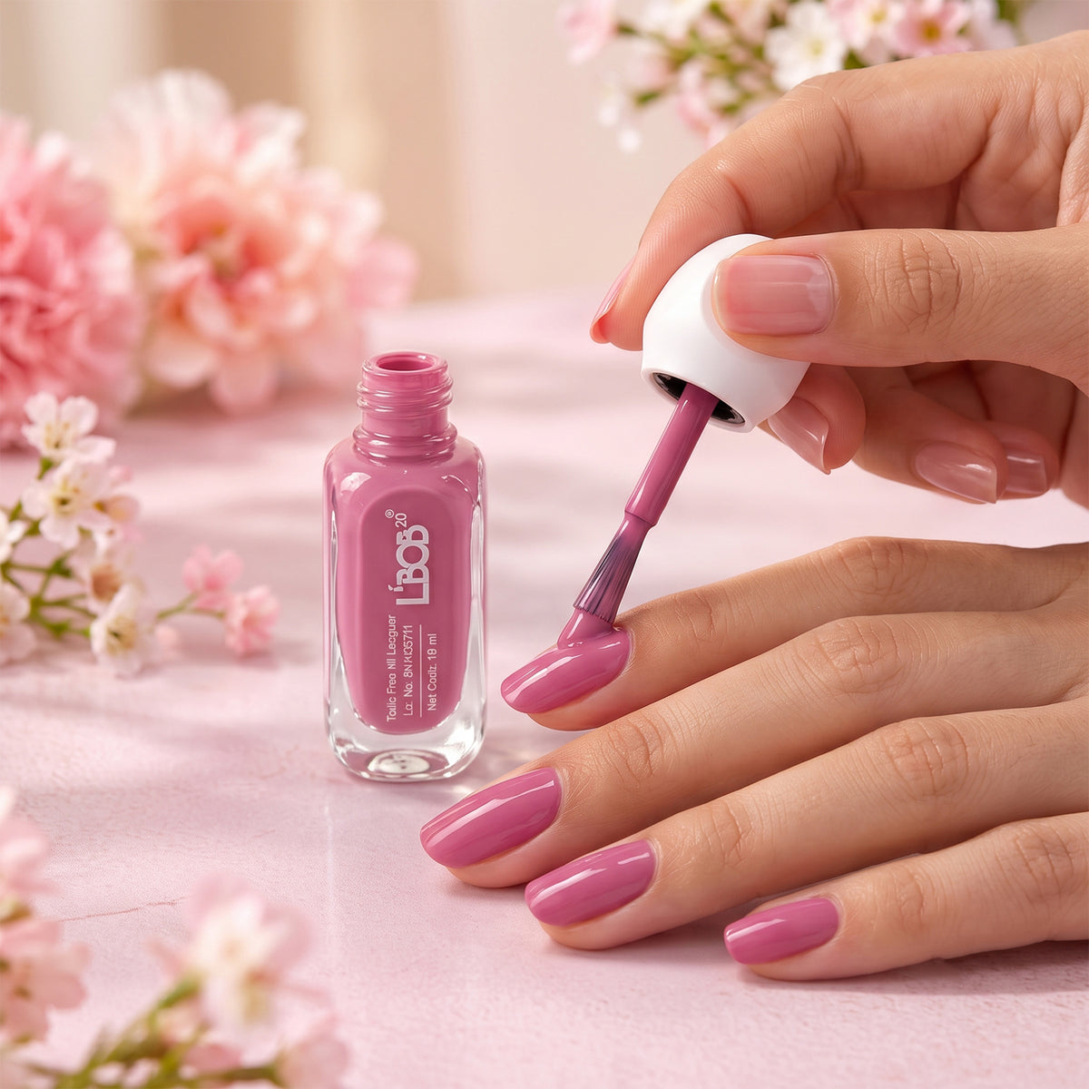 A hand applies mauve nail polish to fingernails, with the open bottle nearby on a pink surface.