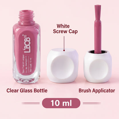 An open bottle of mauve nail polish, a white screw cap, and a brush applicator are displayed separately.