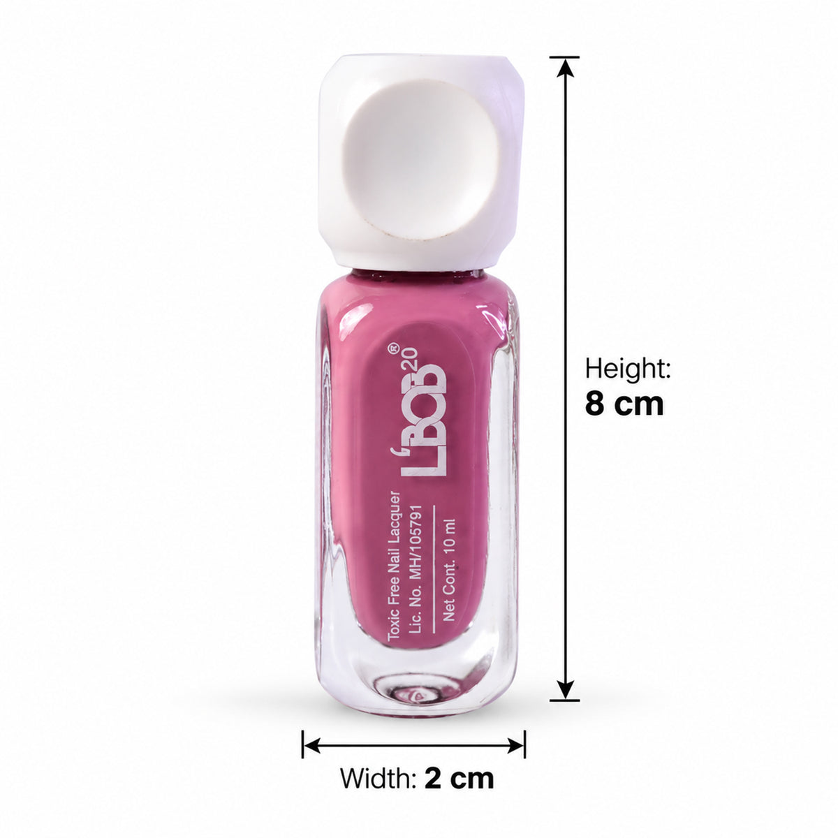 A clear glass bottle of mauve nail polish with a white square cap stands with height and width measurements.