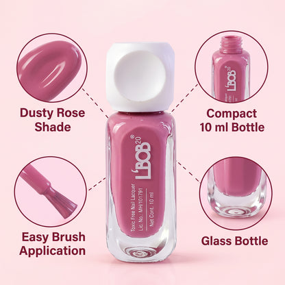 A bottle of mauve nail polish with callouts for its shade, size, bottle type, and brush.