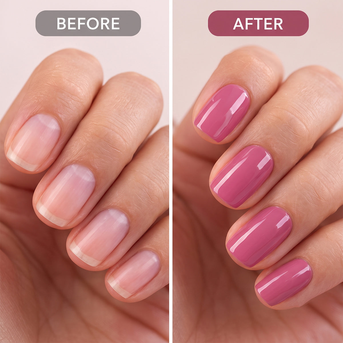 A split image showing bare fingernails on the left and nails painted with mauve polish on the right.