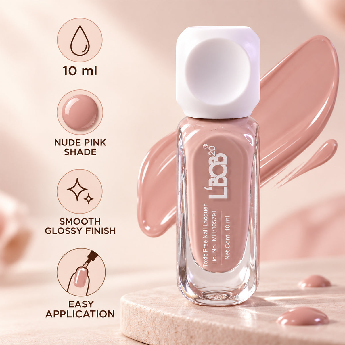 Nude Pink glossy nail polish, 10 ML, product detail view 4