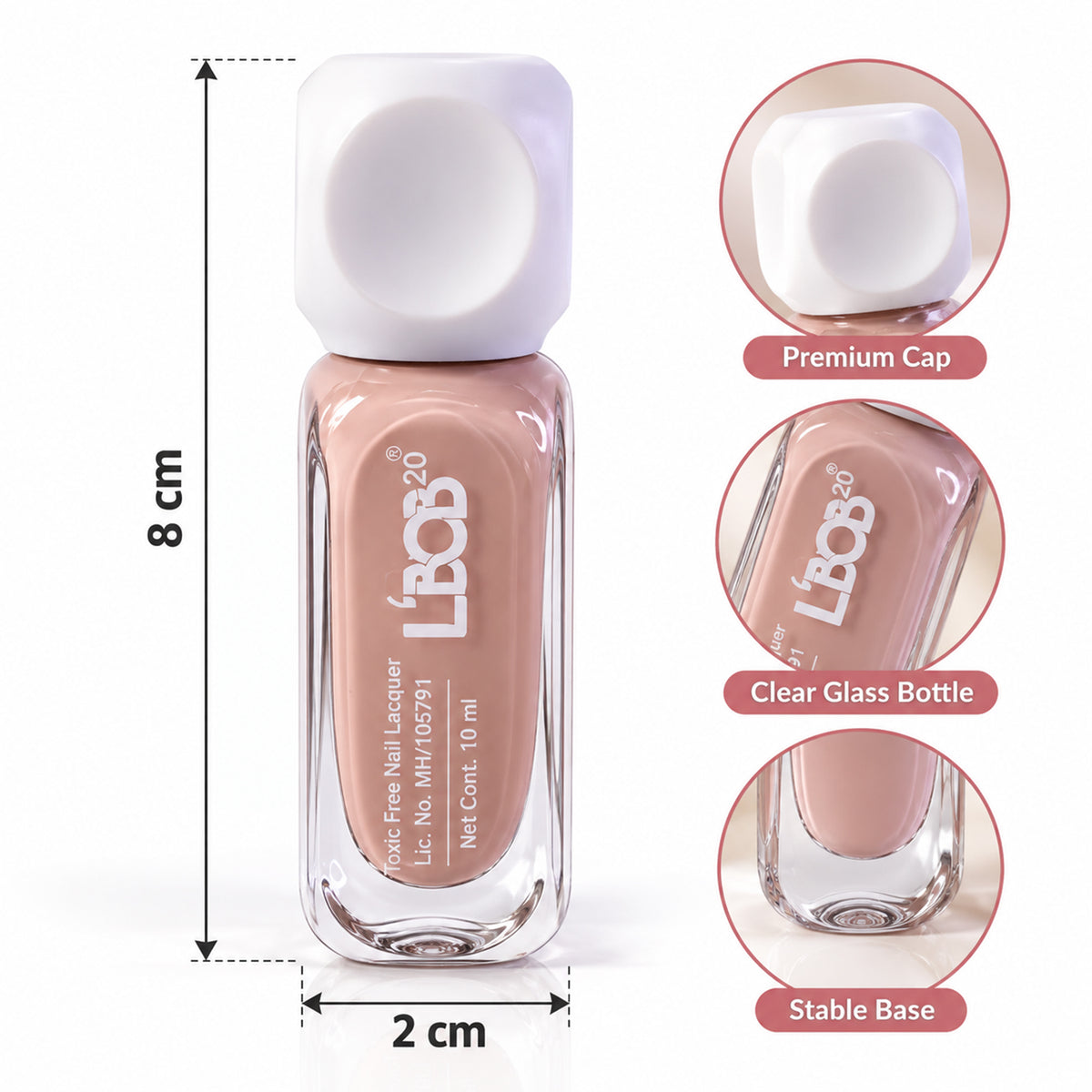 Nude Pink glossy nail polish, 10 ML, bottle dimensions