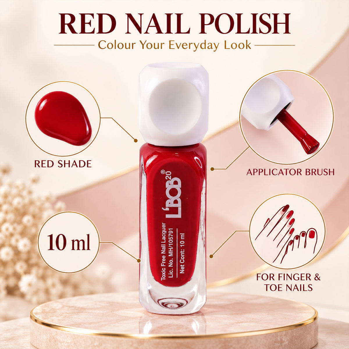 Red glossy nail polish, 10 ML, product detail view 8