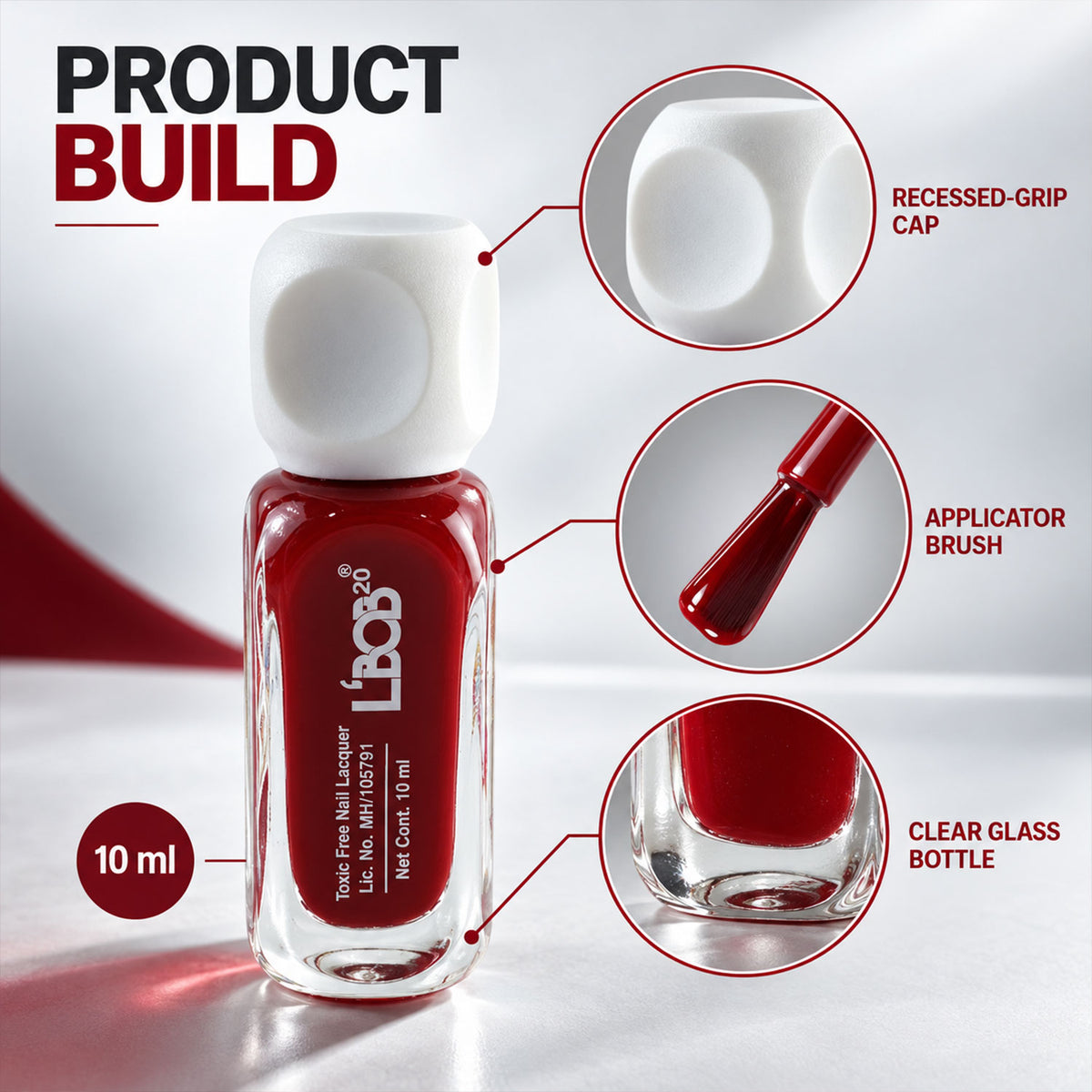 Dark Red glossy nail polish, 10 ML, product detail view 3