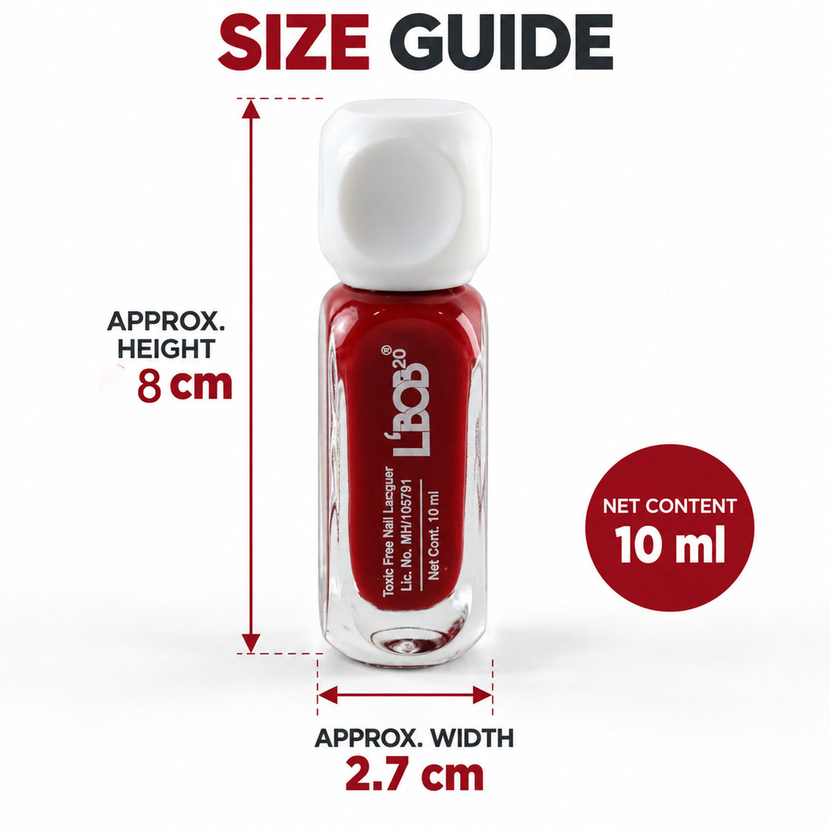 Dark Red glossy nail polish, 10 ML, bottle dimensions