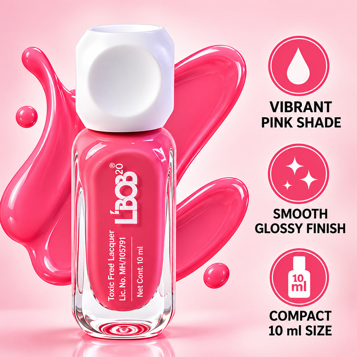 Bright Pink glossy nail polish, 10 ML, product view 4