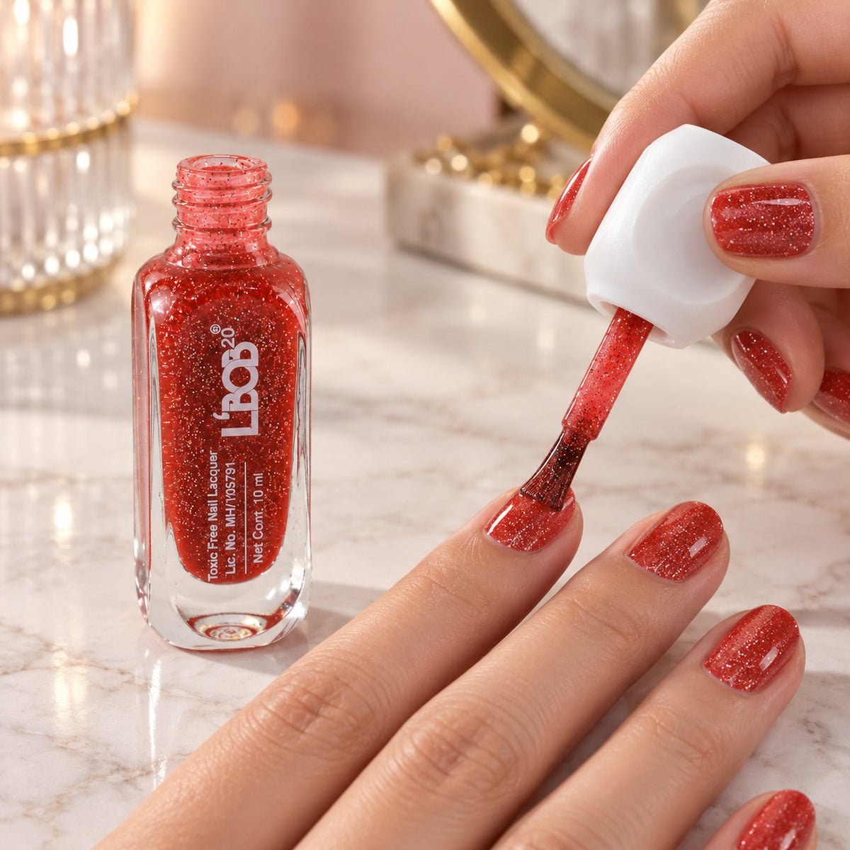 Coral Red glitter nail polish, 10 ML, product detail view 4