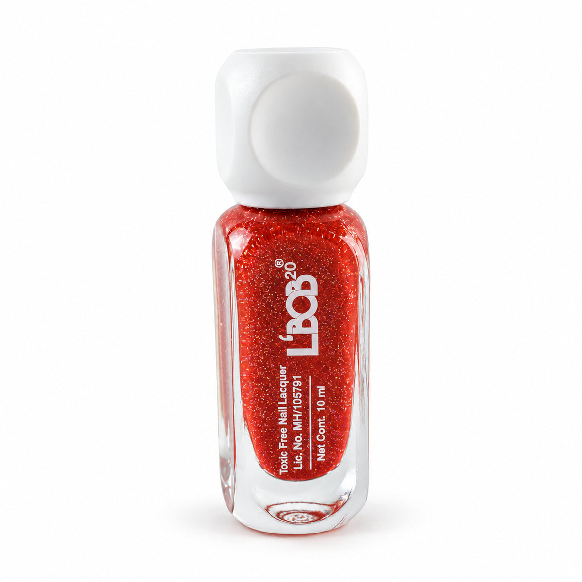 Coral Red glitter nail polish, 10 ML, white background view