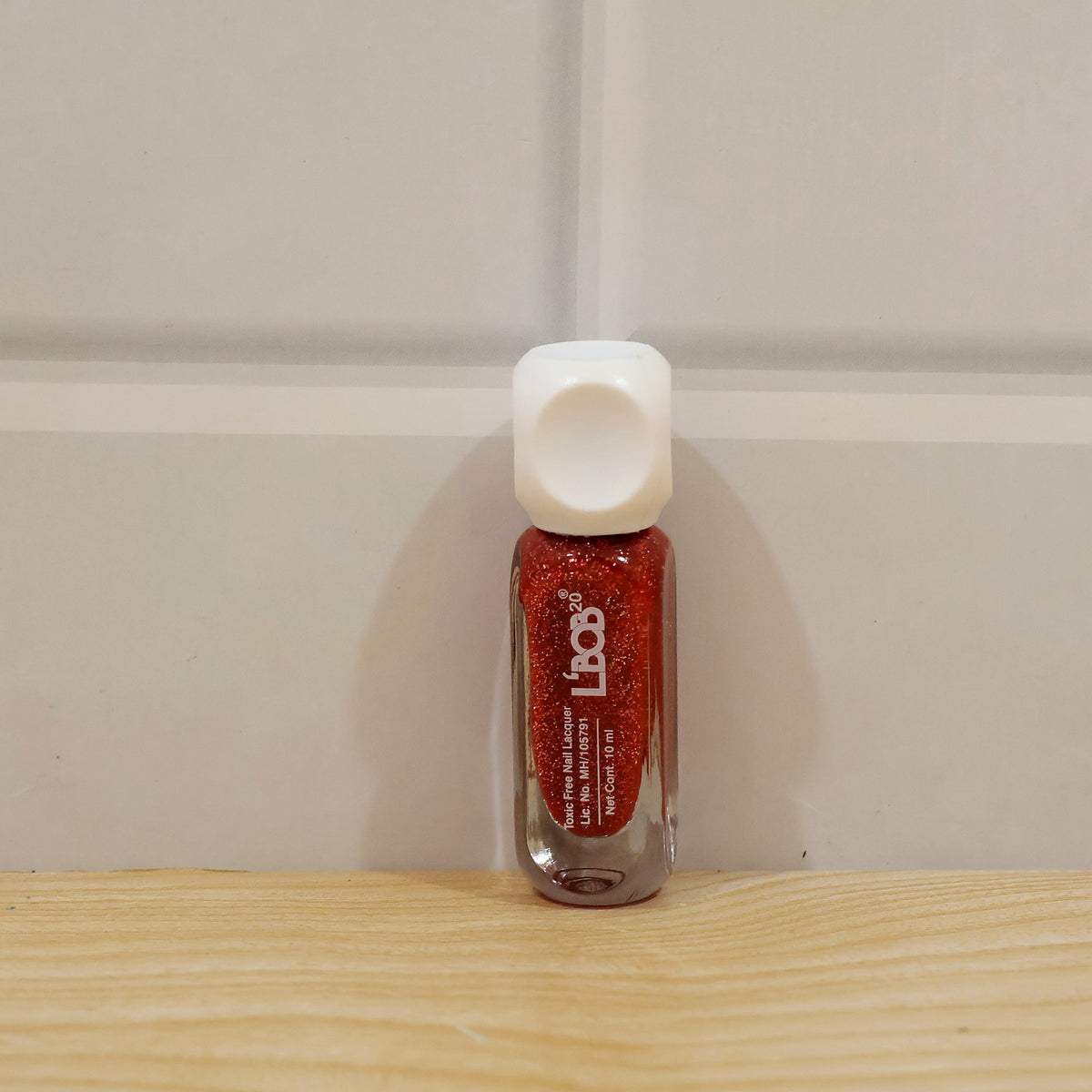 Coral Red glitter nail polish, 10 ML, actual product photo