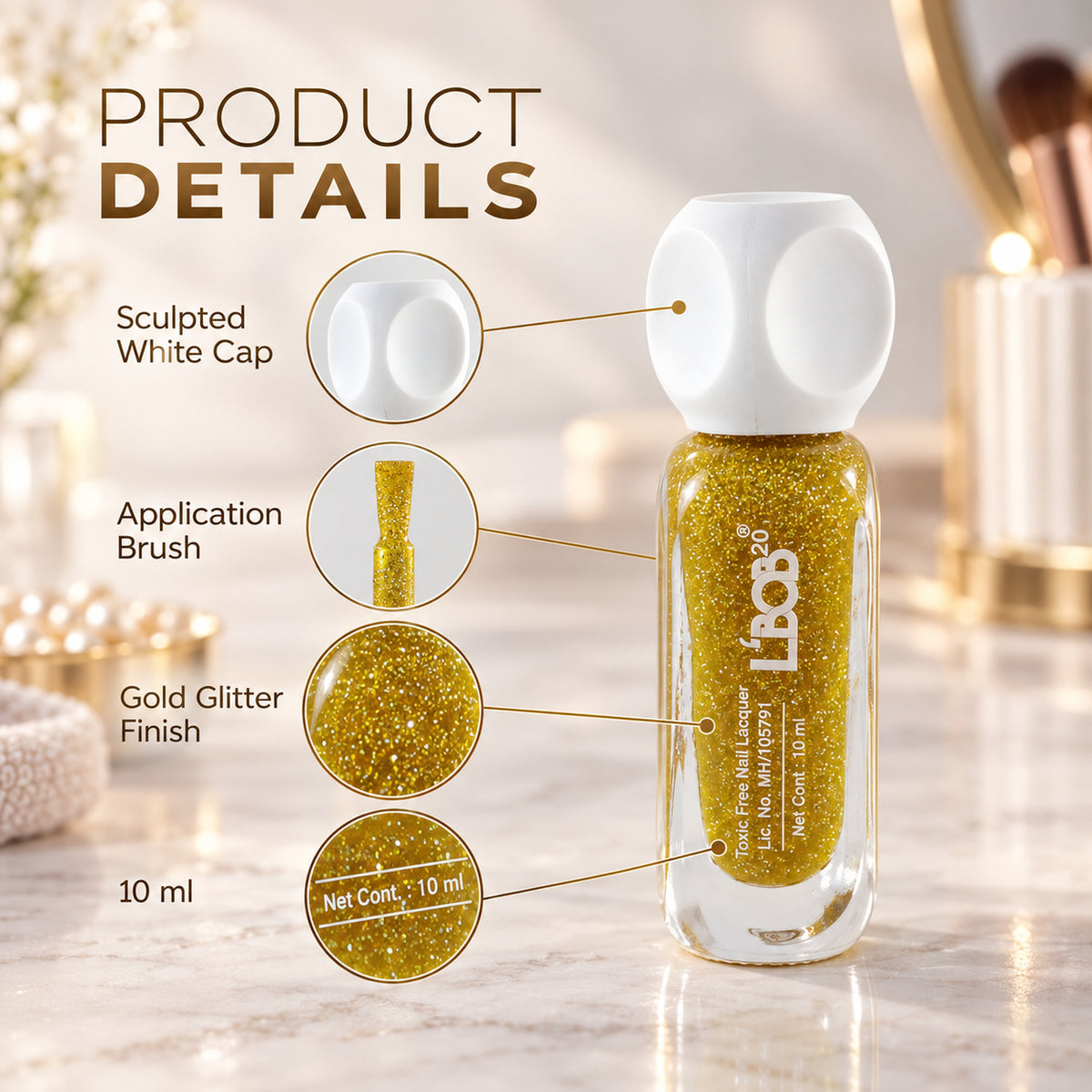 Gold glitter nail polish, 10 ML, product detail view 7
