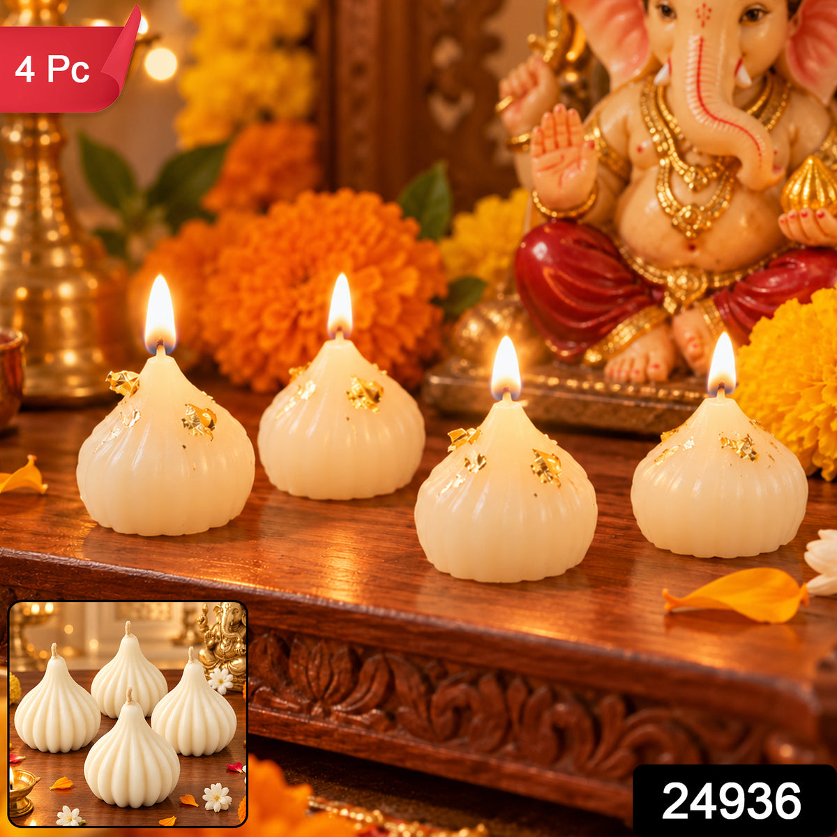 Modak shape decorative wax candles 4 Pc label