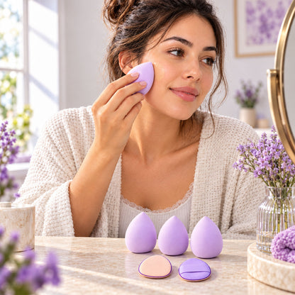 A woman applies makeup with a lavender blending sponge, with three sponges and two puffs on a table.