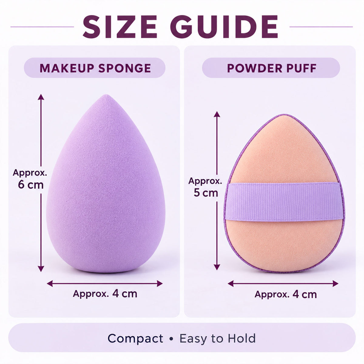 A size guide shows a 6 cm lavender makeup sponge and a 5 cm peach powder puff with a strap.