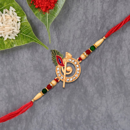 Close-up of Designer Rakhi with beads and Lord Krishna centerpiece