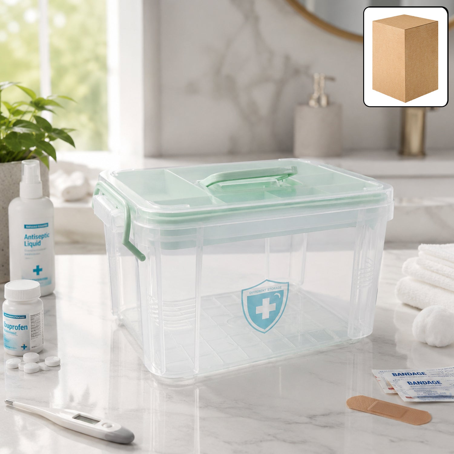 Plastic first aid medicine storage box open view